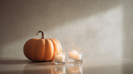 This autumnal image captures a cozy Thanksgiving vibe with a pumpkin and lit candles on display.