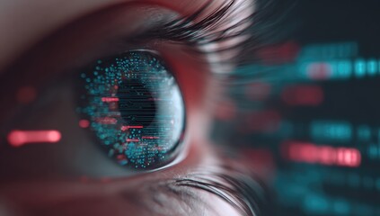 Close-up of an eye with digital code overlay