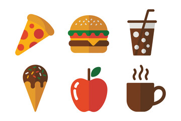 Street food collection, pizza burger beverage, ice cream apple hot coffee, diner menu vector, tasty icon pack