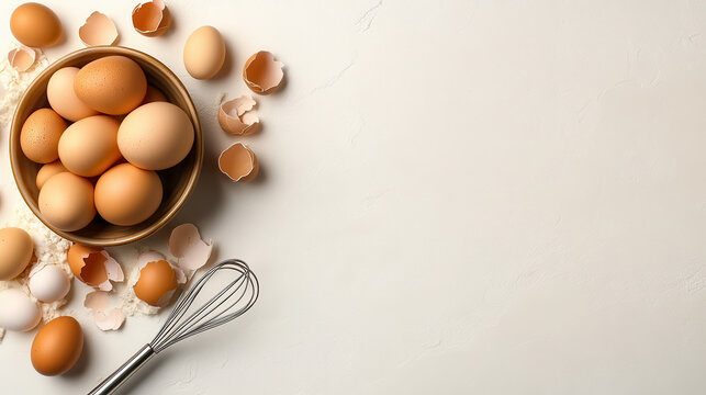 Fresh cracked eggs in ceramic bowl with flour, shells, and whole brown eggs placed on clean white table, showing ingredients for home cooking or baking.