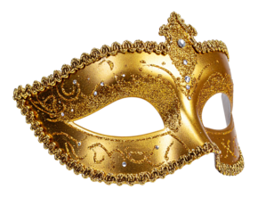 Ornate Gold Masquerade Mask with Sparkling Gem Accents, Side Angle, Isolated PNG