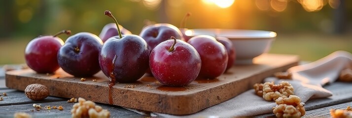 Fresh red plums and walnuts on wooden board at sunset outdoors