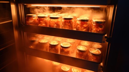 Preserved food jars in a heated cabinet