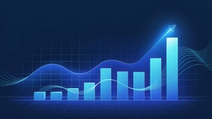 Visualizing a Positive Business Trend - A glowing bar chart and a rising wave graph with an upward arrow, for visualizing a positive business trend and a financial market forecast