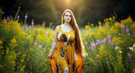 22-Year-Old Woman in Abstract Dress Walking Through Flower Forest