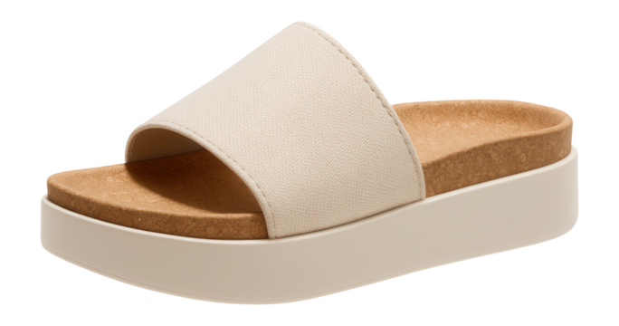 Platform slides with cork footbed and single wide fabric strap
