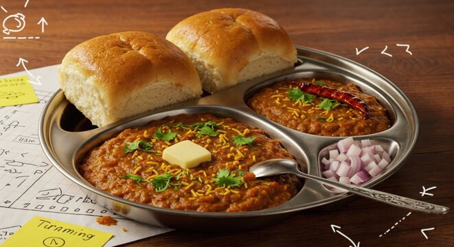 Delicious and flavorful pav bhaji a popular indian street food served with buttered bread rolls and spicy vegetable gravy