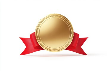 Golden Oval Medal Awarded with a Vibrant Red Ribbon on White Background Symbolizing Victory and Accomplishment.