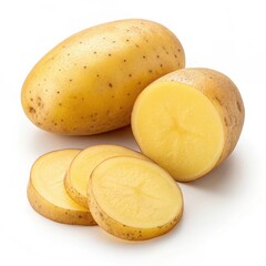 Whole and sliced potatoes isolated on white background
