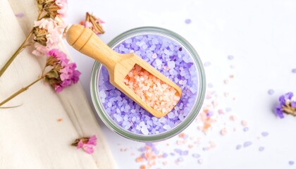 Pretty Pastel Colored Bath Salts in Glass Jar with Wooden Scoop