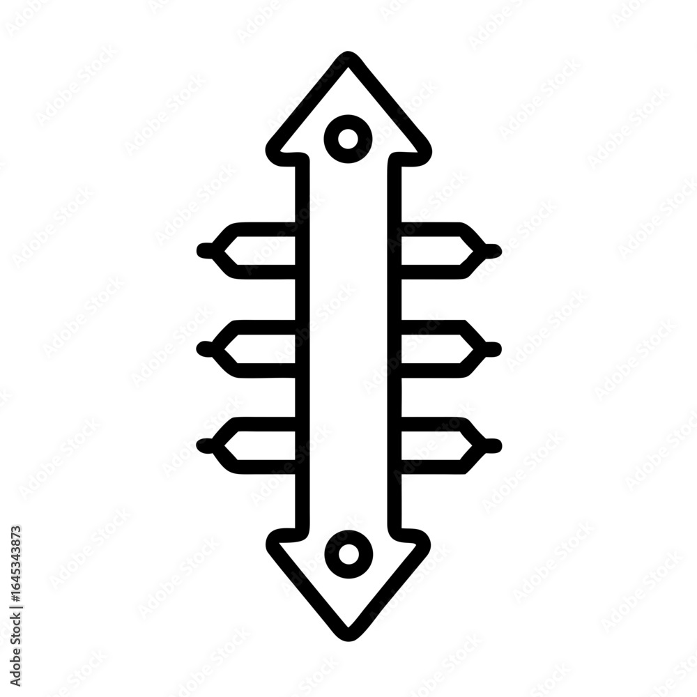 Poster stylized arrow with horizontal lines and circular accents pointing up and down in black outline