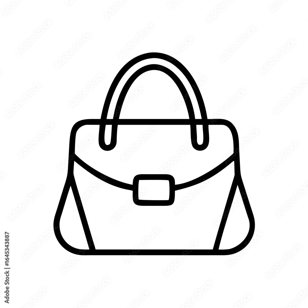Poster illustration of a simple black outline handbag with a handle and a clasp on a white background
