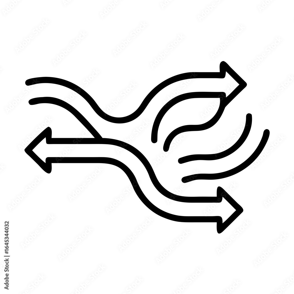 Poster illustration of a diverging and converging arrow flow with three paths in black outline on white bac