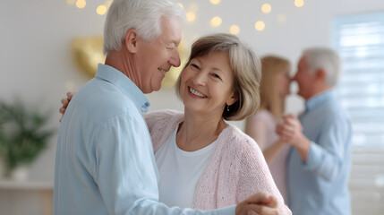 Fototapeta premium Elderly couple dancing together at home, smiling and enjoying the moment, symbolizing love, connection, and joyful aging.