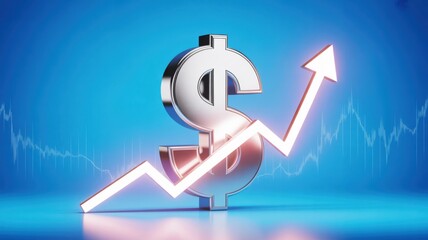 The Rise of the Dollar - A 3D silver dollar sign with a glowing rising line graph and an upward arrow, symbolizing the rise of the dollar and financial growth