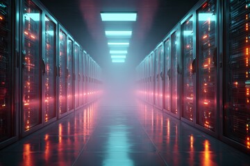 Fototapeta premium Futuristic cybersecurity concepts in virtual data center operations & infrastructure design