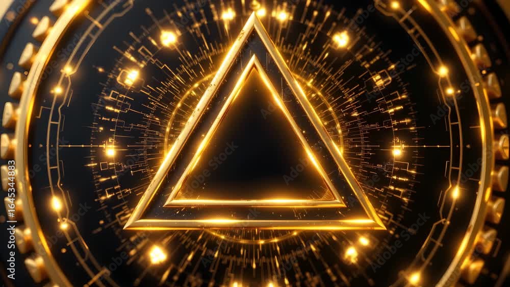 Poster illuminated geometric design: a striking visual of a luminous golden triangle at the center, its rad