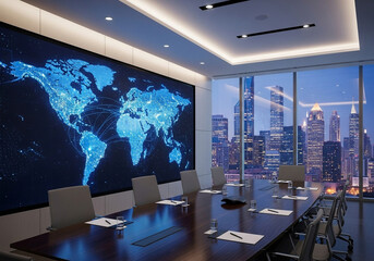 Conference room world map global business meeting corporate boardroom skyscraper cityscape office space