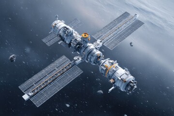 Fototapeta premium Orbiting structure showcases advanced technology, surrounded by