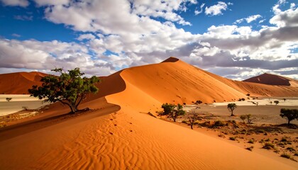 Vivid landscape of Namib desert with sand dunes and iconic trees