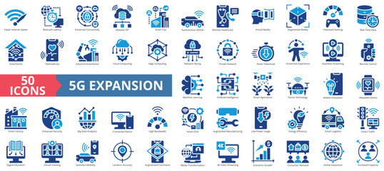 5G expansion icon set flat style collection. Containing faster internet speed, reduced latency, enhanced connectivity, smart city, autonomous vehicle