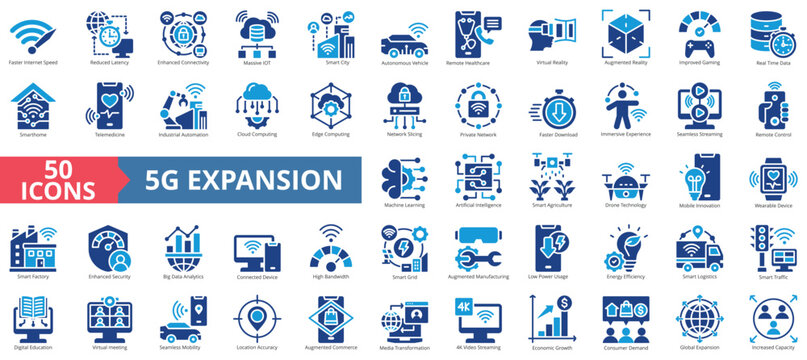 5G expansion icon set flat style collection. Containing faster internet speed, reduced latency, enhanced connectivity, smart city, autonomous vehicle