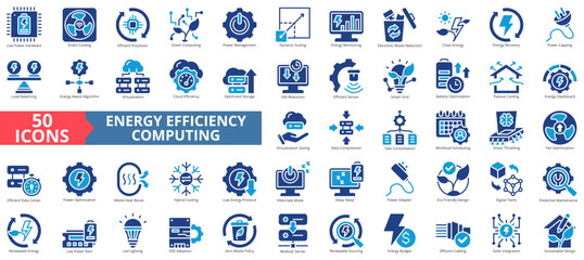 Energy efficiency computing icon set flat style collection. Containing low power hardware, smart cooling, efficient processor, green computing, power management
