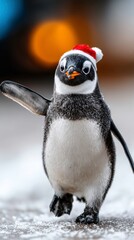 Fototapeta premium Smiling Penguin Wearing Santa Hat on Snowy Ground