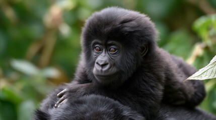 Obraz premium Baby Mountain Gorilla Sitting on Mother’s Back in Green Forest Habitat