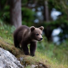 Obraz premium Baby Brown Bear Exploring Forest Edge for the First Time
