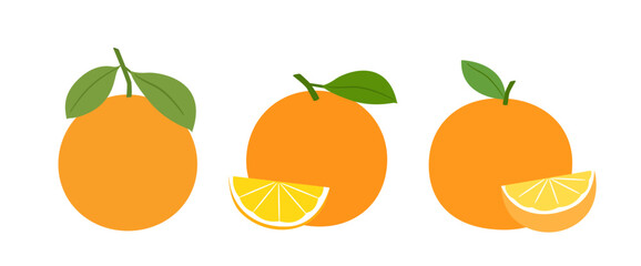 Set of Whole oranges with leaves, and orange slices.
Fresh fruit agricultural products element.
Flat vector stock illustration.
White background.