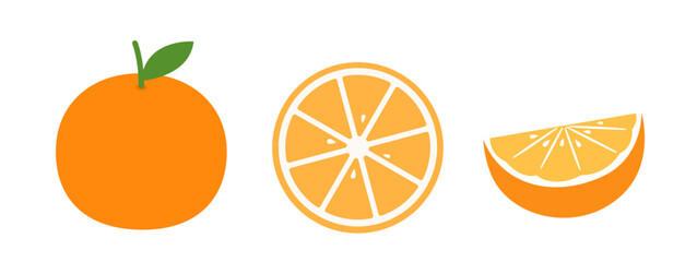 Set of Whole oranges with leaves, and orange slices.
Fresh fruit agricultural products element.
Flat vector stock illustration.
White background.