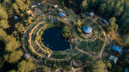 Sustainable farming initiative forested area aerial view eco-friendly environment nature's harmony