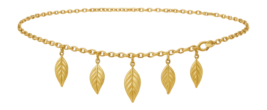Gold belly chain with delicate leaf charms evenly spaced