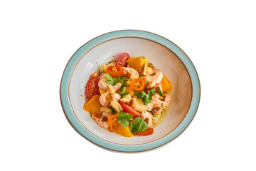 Ceviche pineapple, Mango and shrimps in bowl isolated on white