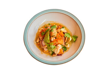 Ceviche salmon avocado in bowl isolated on white
