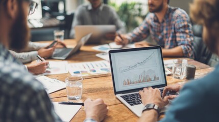 Analyzing data trends in a collaborative office team meeting digital presentation