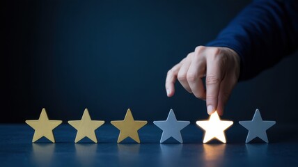 Rating a Service - A hand placing a glowing star in a row of five, symbolizing a positive service rating, customer satisfaction, and quality assurance