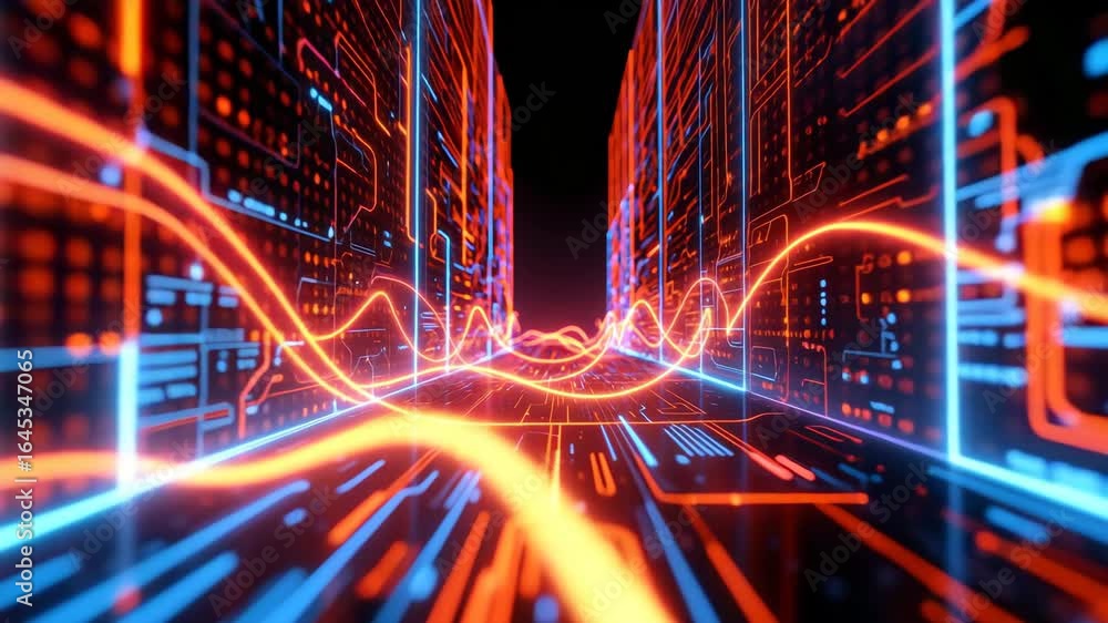 Poster data stream and technological landscape: a vibrant image of flowing data streams woven through an in