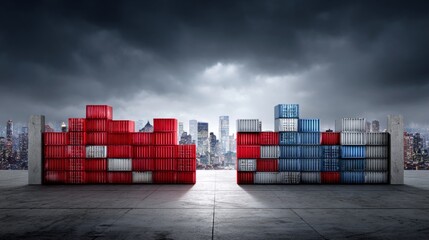 Fototapeta premium Container shipping action amid urban skyline industrial environment dramatic viewpoint