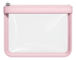 Clear PVC cosmetic pouch with pastel pink trim and top zip