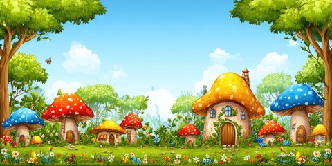 Colorful mushroom houses in a lush forest clearing