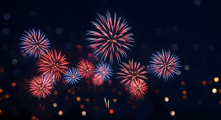 Fototapeta premium Colorful Fireworks Exploding in the Night Sky with Bokeh Lights
