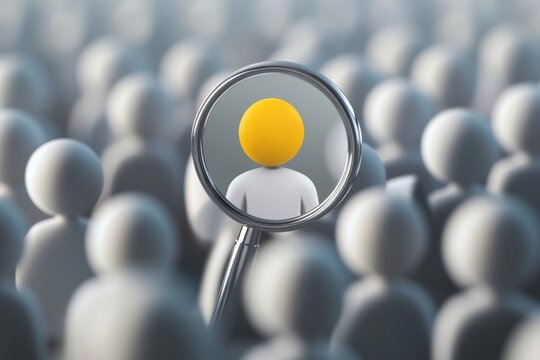 Finding the right candidate, highlighting the unique individual among the crowd with a magnifying glass.