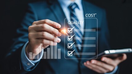 Optimizing Business Quality - A businessman's hand using a pen on a virtual checklist for "QUALITY" and "COST", with a rising bar chart, for process optimization