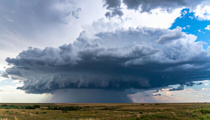 Obraz premium Massive Rotating Supercell with Rainfall Over Open Prairie