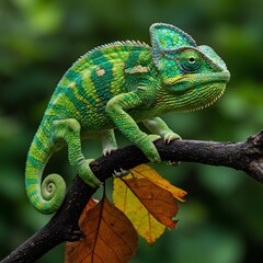 Obraz premium A vibrant and highly detailed chameleon, likely a Veiled Chameleon, perched on a dark, textured tree branch, showcasing its remarkable camouflage and striking coloration