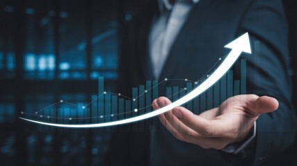 Handheld Business Growth - A glowing holographic bar chart with a rising arrow floating above a man's hand, symbolizing business growth, development, and a successful financial trend