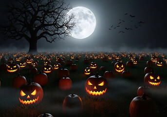 Field of jack-o'-lanterns under a full moon with silhouetted tree and bats