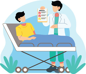 Doctor checking patient in hospital bed illustration